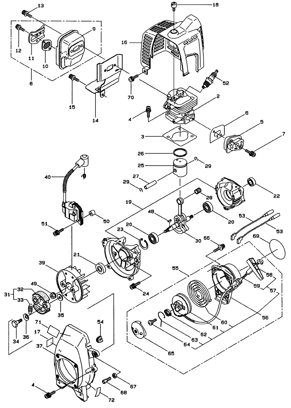Engine Assembly Diagram and Parts List for 53008 (0990001 - 0999999)(1999) Lawn Boy Trimmer